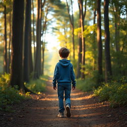 A Disney Pixar style wide shot of a young man named Sam, with short brown hair, wearing a blue hoodie and jeans, walking along a dirt trail in a serene forest