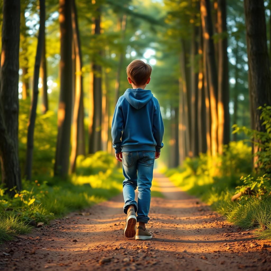 A Disney Pixar style wide shot of a young man named Sam, with short brown hair, wearing a blue hoodie and jeans, walking along a dirt trail in a serene forest