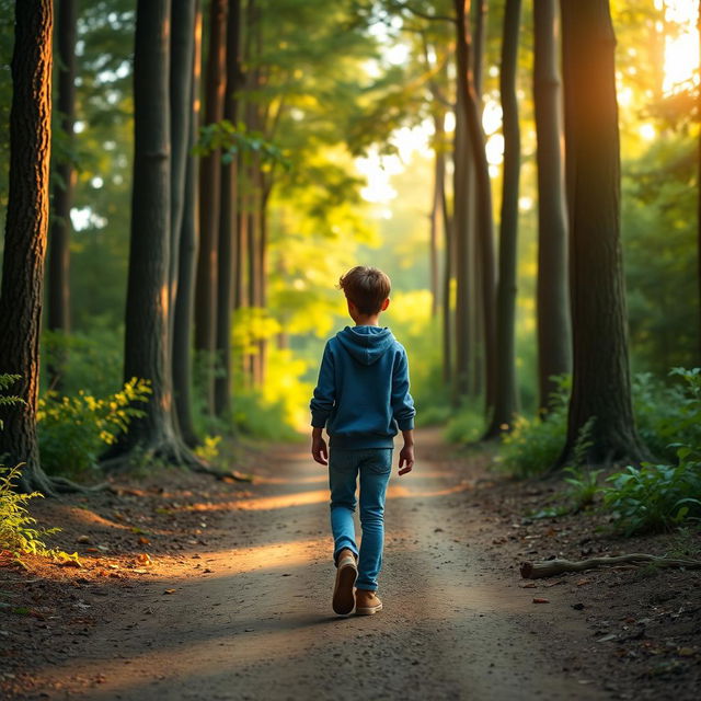 A Disney Pixar style wide shot of a young man named Sam, with short brown hair, wearing a blue hoodie and jeans, walking along a dirt trail in a serene forest