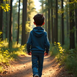 A Disney Pixar style wide shot of a young man named Sam, with short brown hair, wearing a blue hoodie and jeans, walking along a dirt trail in a serene forest
