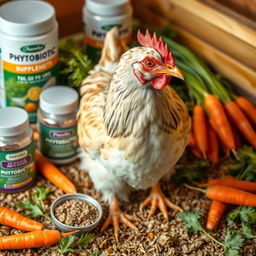 A realistic image of chicken feed featuring a laying hen at the center