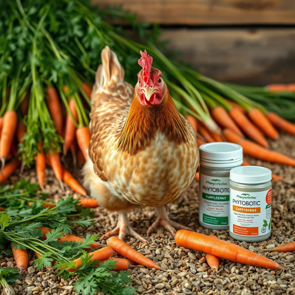 A realistic image of chicken feed featuring a laying hen at the center