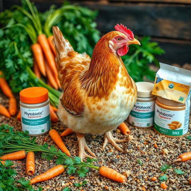 A realistic image of chicken feed featuring a laying hen at the center