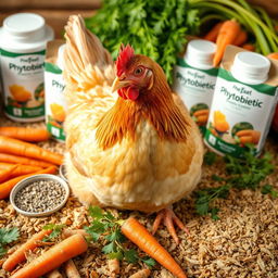 A realistic image of chicken feed featuring a laying hen at the center