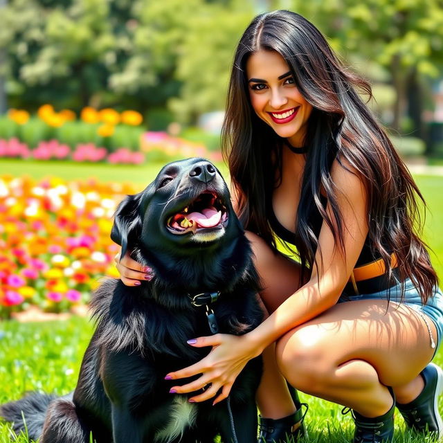 A stunning portrait of a confident and alluring woman with long dark hair, wearing a trendy outfit, playfully interacting with a large black dog