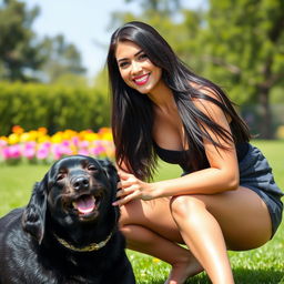 A stunning portrait of a confident and alluring woman with long dark hair, wearing a trendy outfit, playfully interacting with a large black dog