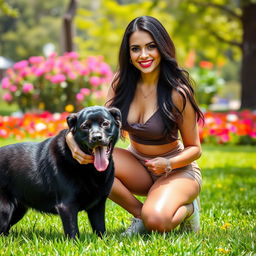A stunning portrait of a confident and alluring woman with long dark hair, wearing a trendy outfit, playfully interacting with a large black dog
