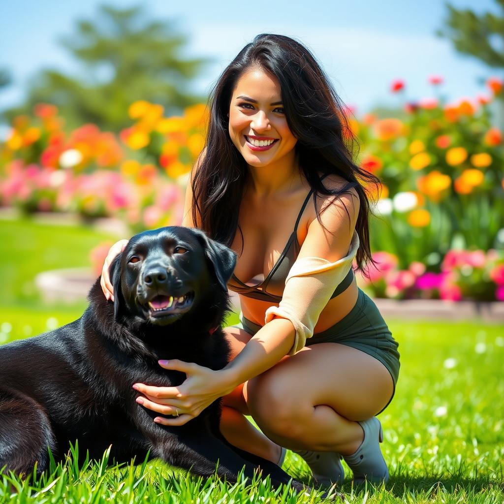 A stunning portrait of a confident and alluring woman with long dark hair, wearing a trendy outfit, playfully interacting with a large black dog