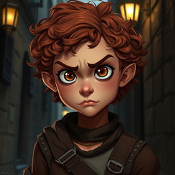 A teen girl Halfling rogue thief, characterized by her short, curly reddish brown hair and expressive hazel eyes
