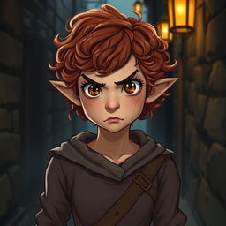 A teen girl Halfling rogue thief, characterized by her short, curly reddish brown hair and expressive hazel eyes