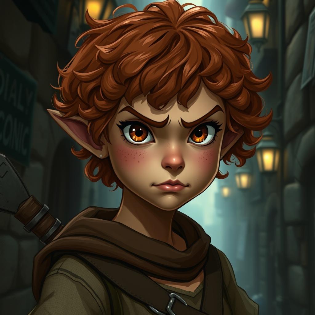 A teen girl Halfling rogue thief, characterized by her short, curly reddish brown hair and expressive hazel eyes