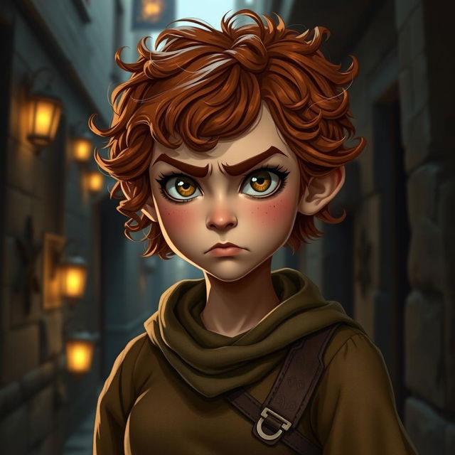 A teen girl Halfling rogue thief, characterized by her short, curly reddish brown hair and expressive hazel eyes