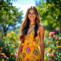 A beautiful, real woman standing full-length in a picturesque outdoor setting