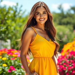 A beautiful, real woman standing full-length in a picturesque outdoor setting