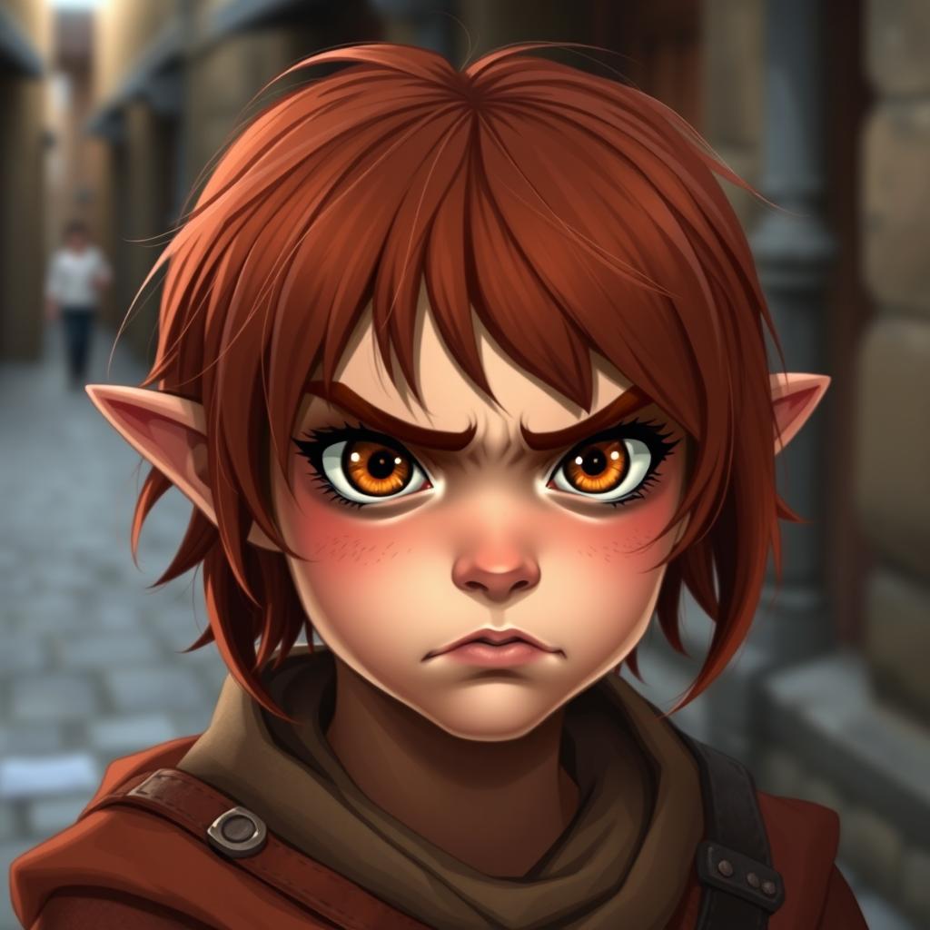 A teen girl Halfling rogue thief, depicted with short reddish brown hair and vibrant hazel eyes