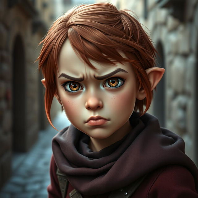 A teen girl Halfling rogue thief, depicted with short reddish brown hair and vibrant hazel eyes