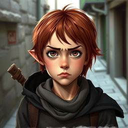 A teen girl Halfling rogue thief, depicted with short reddish brown hair and vibrant hazel eyes