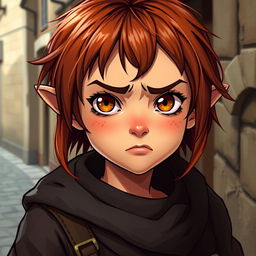 A teen girl Halfling rogue thief, depicted with short reddish brown hair and vibrant hazel eyes
