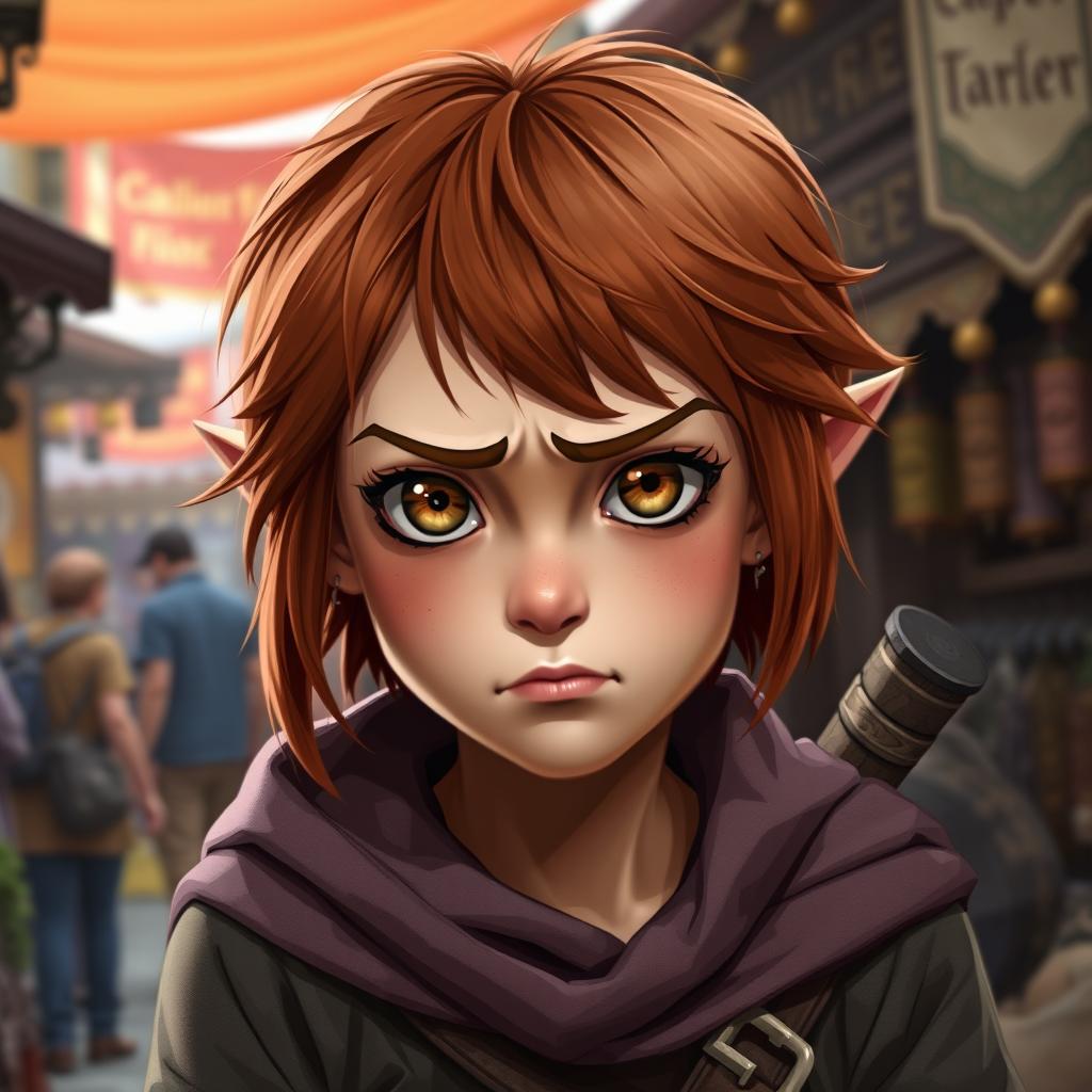 A teen girl Halfling rogue thief, featuring short reddish brown hair and captivating hazel eyes