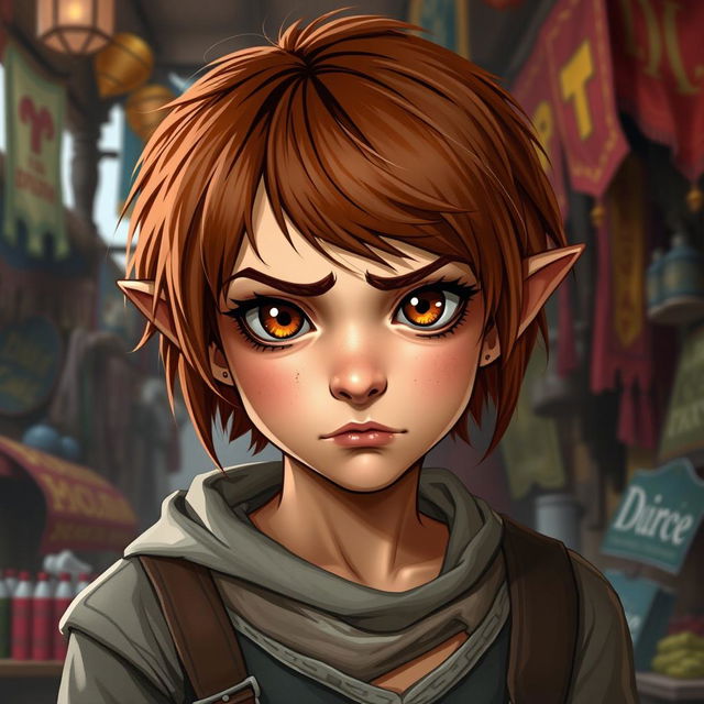 A teen girl Halfling rogue thief, featuring short reddish brown hair and captivating hazel eyes