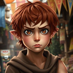 A teen girl Halfling rogue thief, featuring short reddish brown hair and captivating hazel eyes