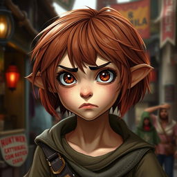 A teen girl Halfling rogue thief, featuring short reddish brown hair and captivating hazel eyes
