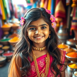 A beautiful young Indian girl with cute features, wearing traditional attire, including a colorful lehenga and intricately designed jewelry