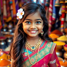 A beautiful young Indian girl with cute features, wearing traditional attire, including a colorful lehenga and intricately designed jewelry