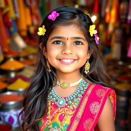 A beautiful young Indian girl with cute features, wearing traditional attire, including a colorful lehenga and intricately designed jewelry