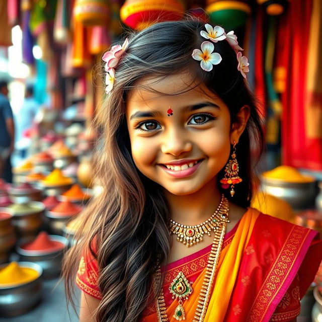 A beautiful young Indian girl with cute features, wearing traditional attire, including a colorful lehenga and intricately designed jewelry