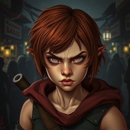A teen girl Halfling rogue thief, showcasing short reddish brown hair and striking hazel eyes