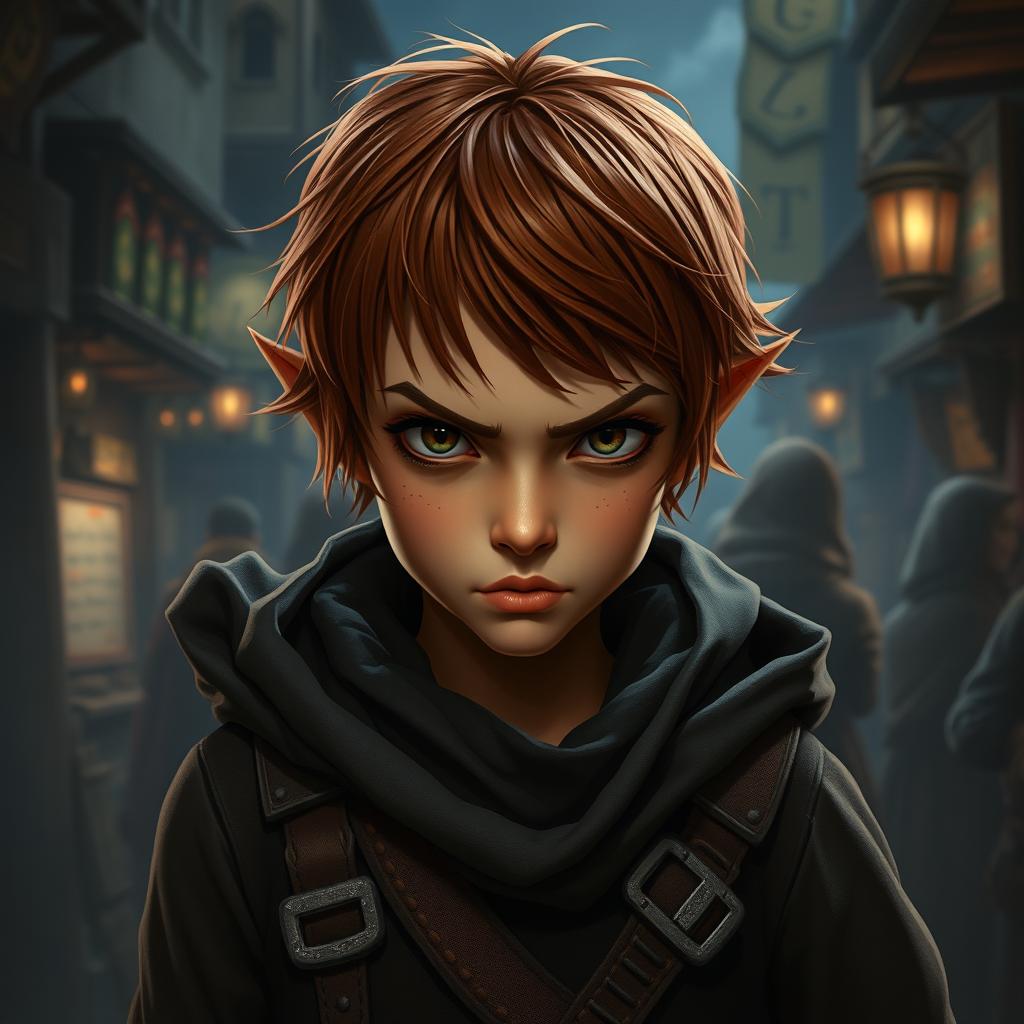 A teen girl Halfling rogue thief, showcasing short reddish brown hair and striking hazel eyes