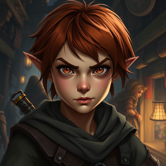 A teen girl Halfling rogue thief, showcasing short reddish brown hair and striking hazel eyes