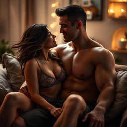 An intimate scene between a couple in a softly lit room, expressing passion and connection