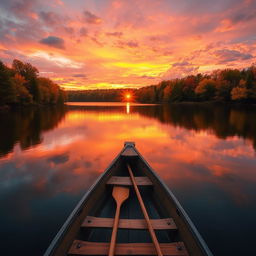 A serene landscape featuring a tranquil lake at sunset, surrounded by vibrant autumn foliage