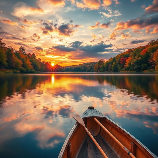 A serene landscape featuring a tranquil lake at sunset, surrounded by vibrant autumn foliage