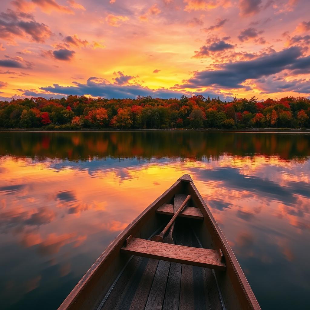 A serene landscape featuring a tranquil lake at sunset, surrounded by vibrant autumn foliage