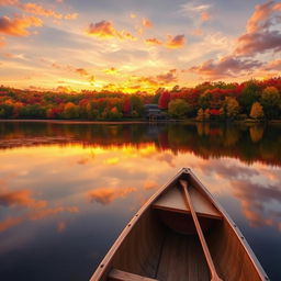 A serene landscape featuring a tranquil lake at sunset, surrounded by vibrant autumn foliage