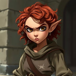 A teen girl Halfling rogue thief with short curly reddish brown hair and intriguing hazel eyes