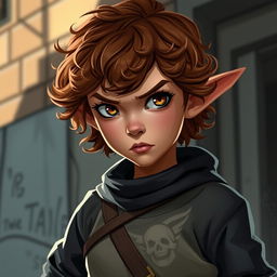 A teen girl Halfling rogue thief with short curly reddish brown hair and intriguing hazel eyes