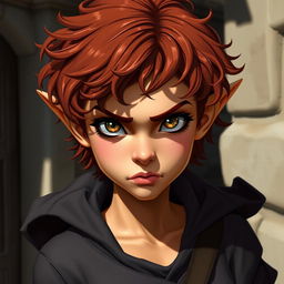 A teen girl Halfling rogue thief with short curly reddish brown hair and intriguing hazel eyes