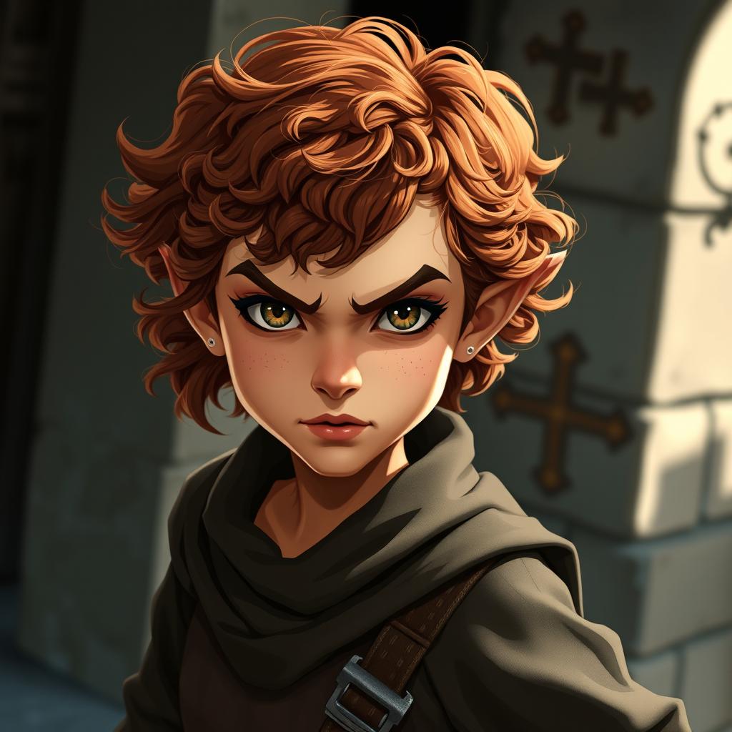 A teen girl Halfling rogue thief with short curly reddish brown hair and intriguing hazel eyes