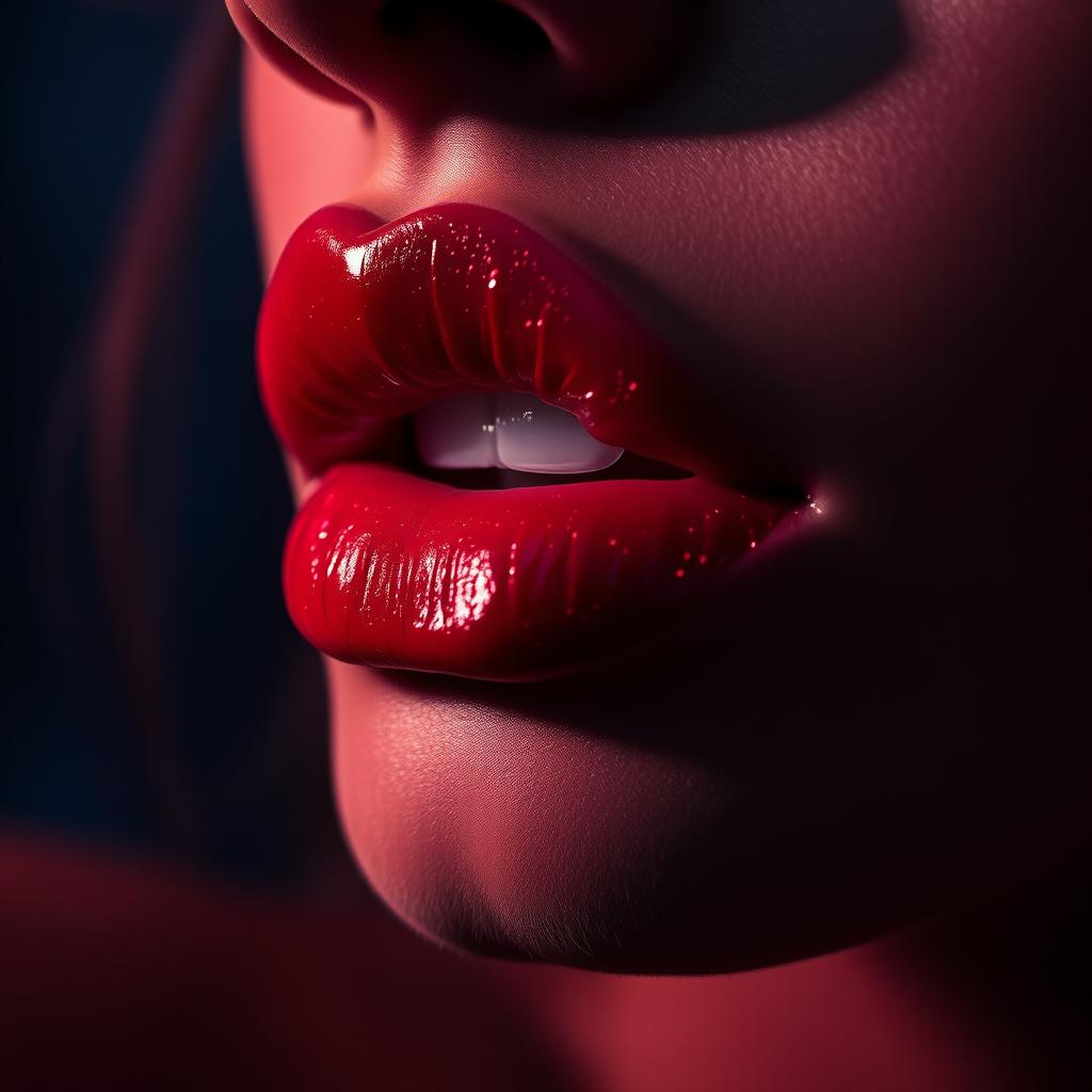 A visually captivating close-up of a pair of lips in a sensual pose, glistening with shimmering lip gloss against a dramatic blurred background