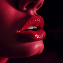 A visually captivating close-up of a pair of lips in a sensual pose, glistening with shimmering lip gloss against a dramatic blurred background