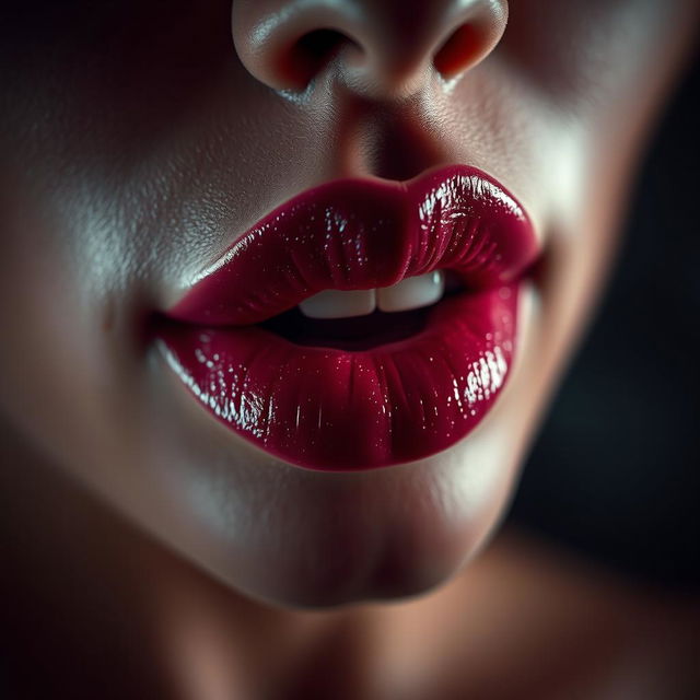 A visually captivating close-up of a pair of lips in a sensual pose, glistening with shimmering lip gloss against a dramatic blurred background