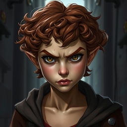 A teen Halfling rogue thief with short curly reddish brown hair and hazel eyes, displaying a fierce expression on her face