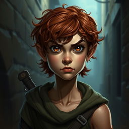 A teen Halfling rogue thief with short curly reddish brown hair and hazel eyes, displaying a fierce expression on her face