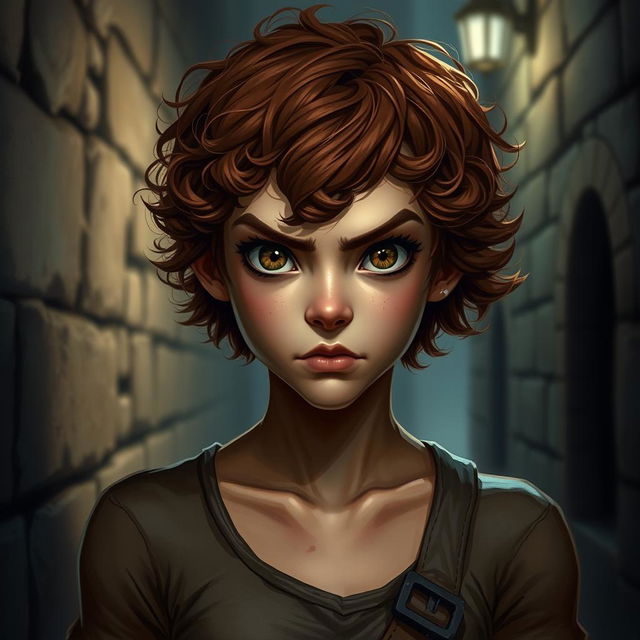 A teen Halfling rogue thief with short curly reddish brown hair and hazel eyes, displaying a fierce expression on her face