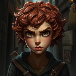 A teen Halfling rogue thief with short curly reddish brown hair and hazel eyes, displaying a fierce expression on her face