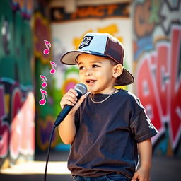 A 2-year-old white rap singer, wearing a fashionable cap and oversized t-shirt, playfully holding a microphone